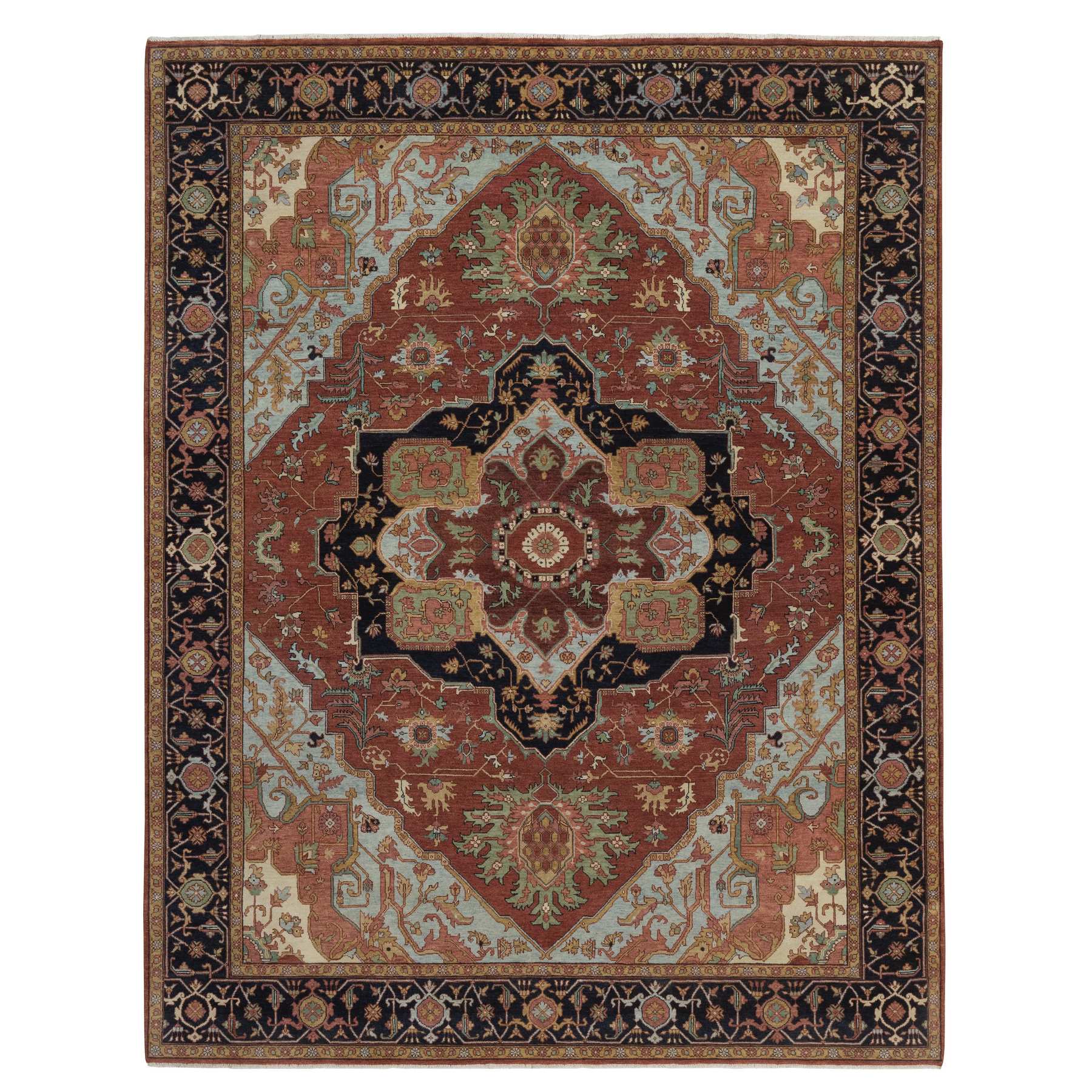 7'9"x10' Barn Red, Antiqued Fine Heriz Re-Creation, Medallion Design, Hand Knotted, Hand Spun New Zealand Wool, Denser Weave, Soft Pile, Vegetable Dyes, Oriental Rug 
